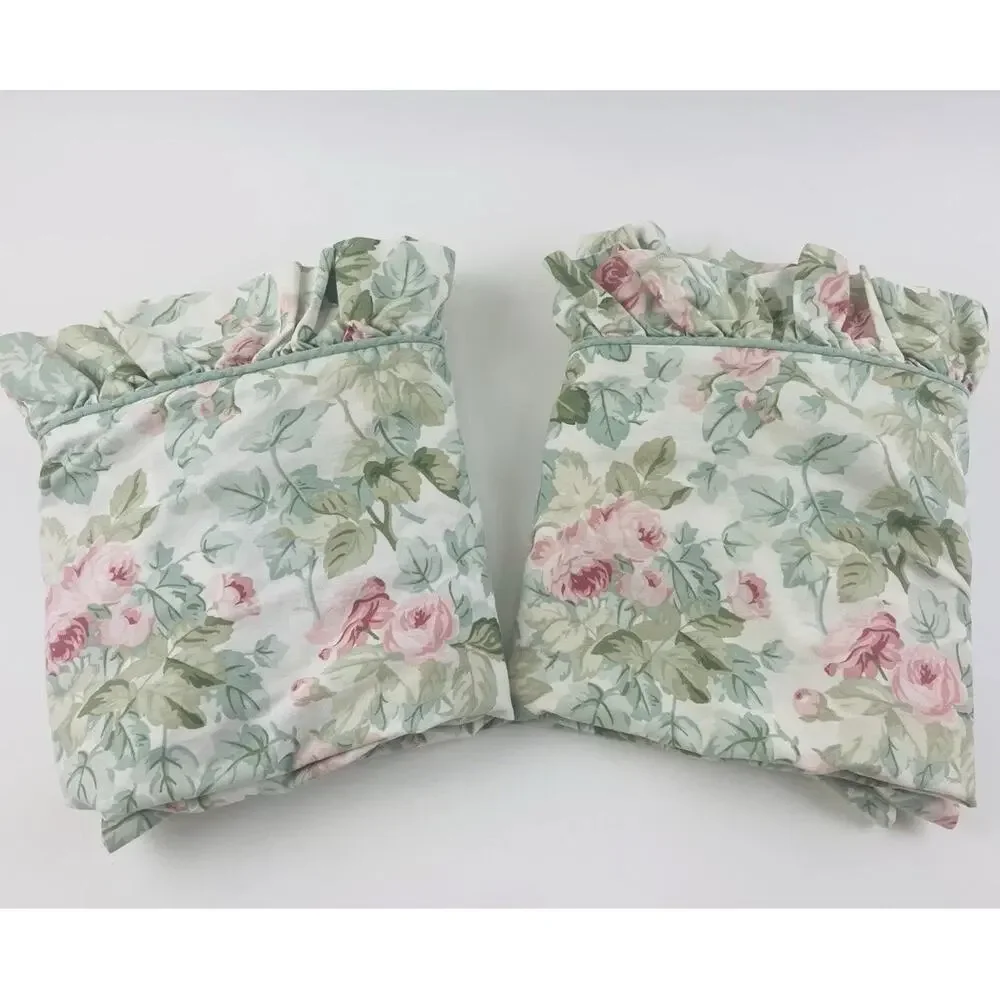 Vntge Laura Ashley KING Cottage Rose Set 2 Ruffled Pillow Shams Green Pink Cases